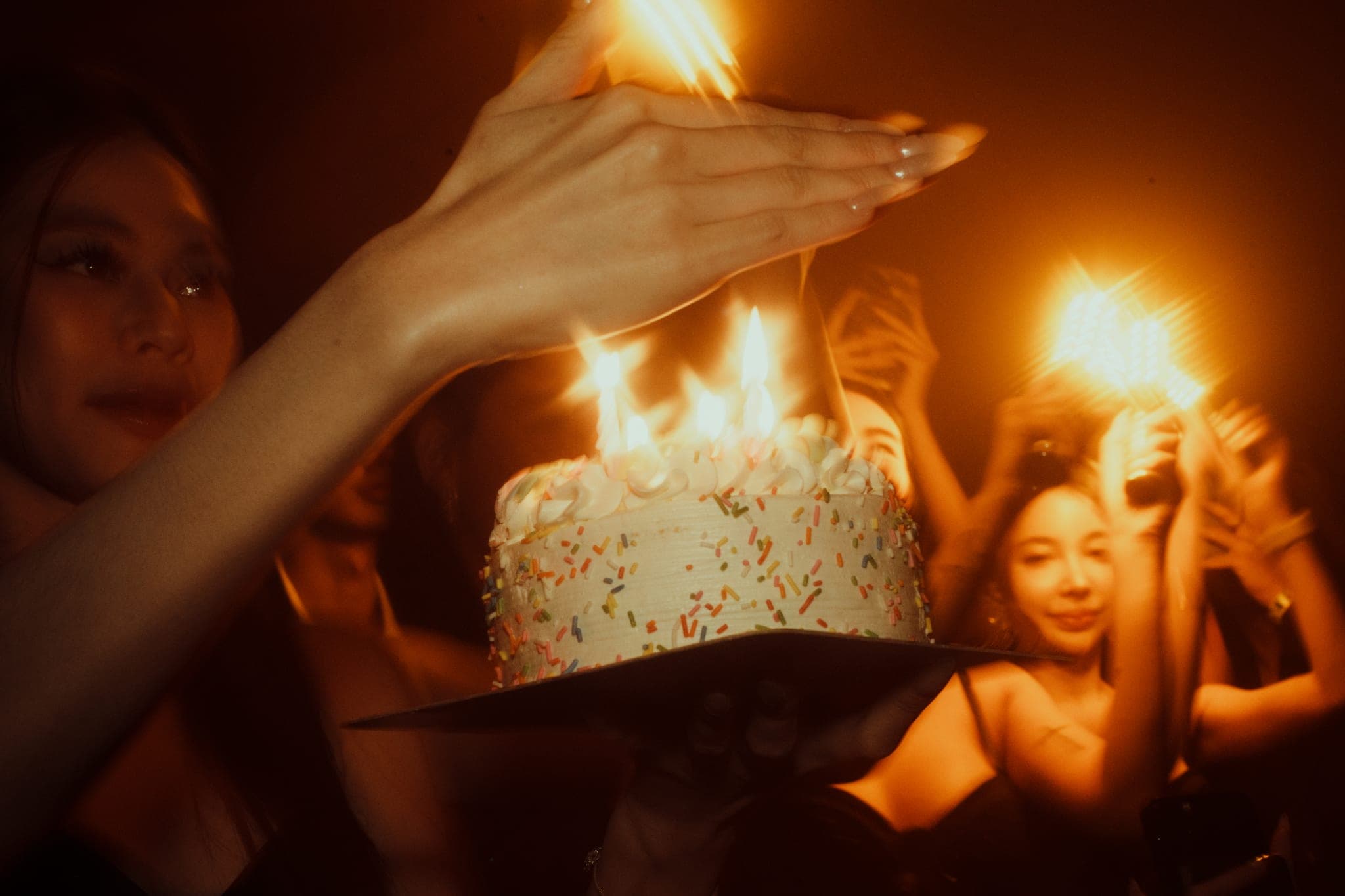 The cake arrives, candles lit, a hand shielding the flames