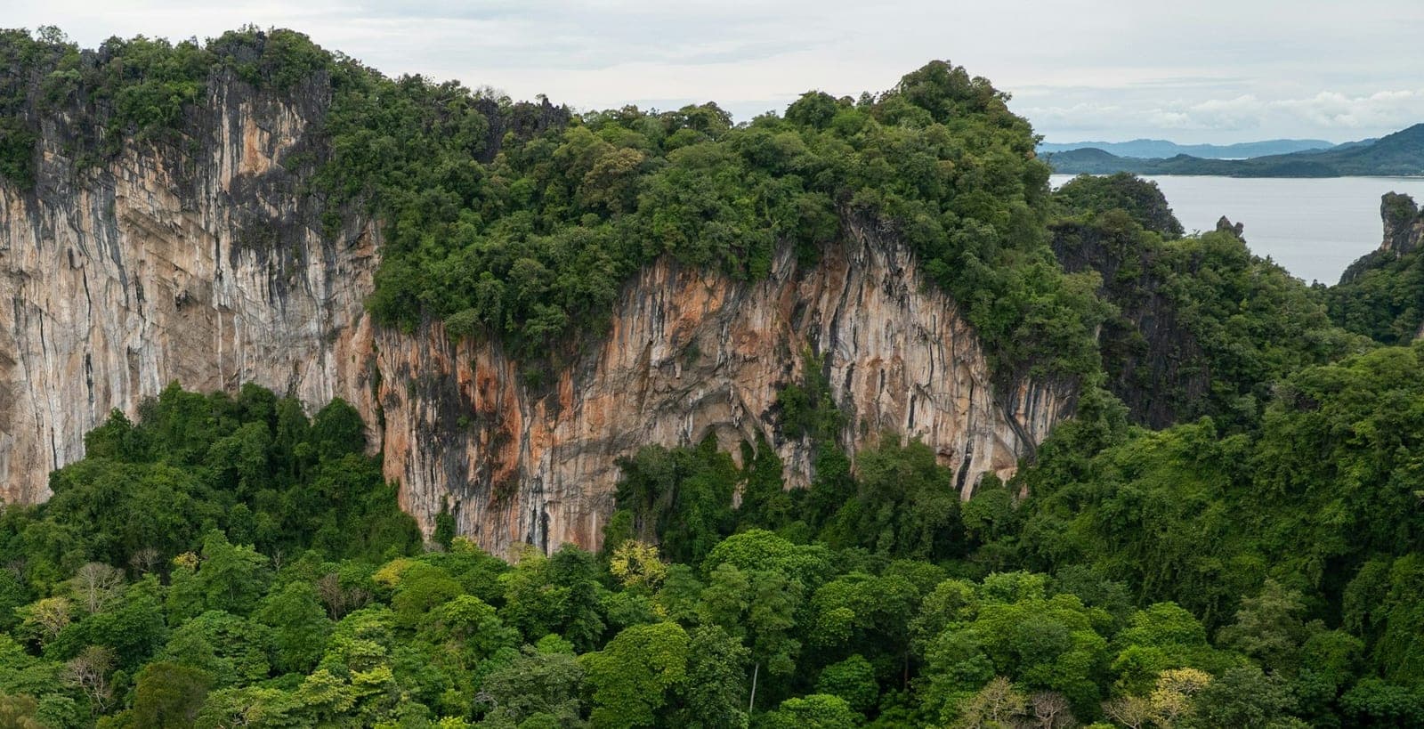 A sheer orange-and-grey limestone wall above dense forest on Ko Hong, the sea and far hills beyond