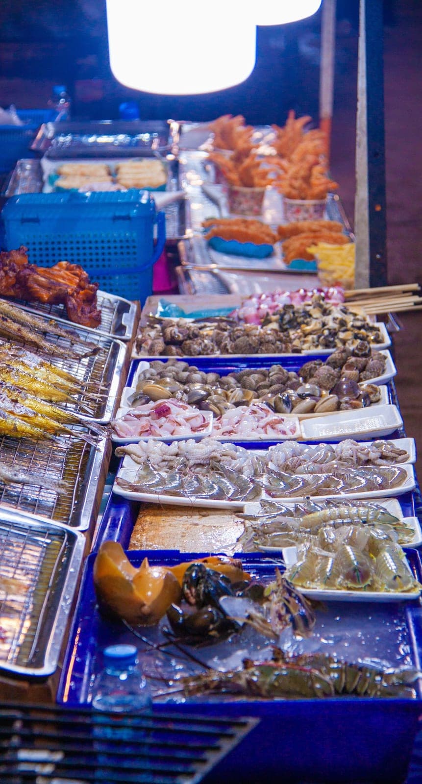 Grilled fish on racks beside raw prawns, octopus and shellfish on ice under a lamp