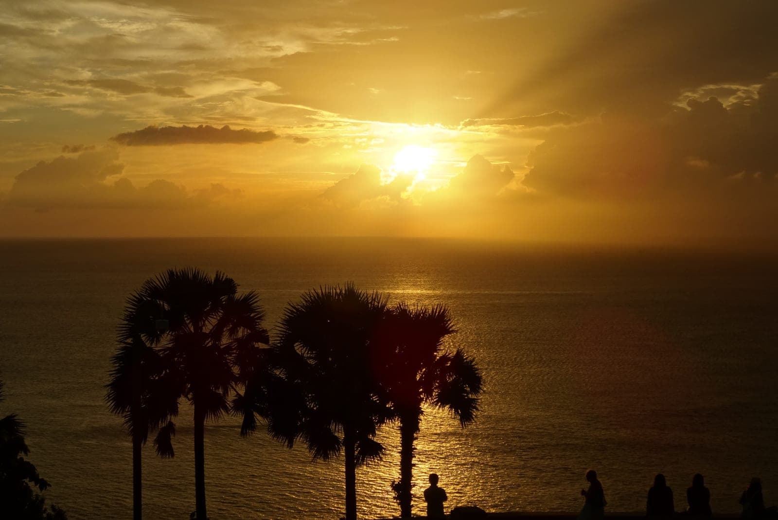 The sun breaking through cloud over a gold sea, sugar palms and a few people in silhouette on the cape below